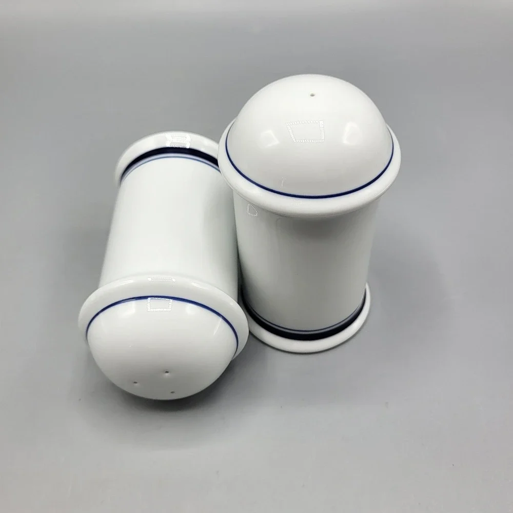 Vintage Dansk Salt and Pepper Shakers Navy Blue Banded White Porcelain Portugal